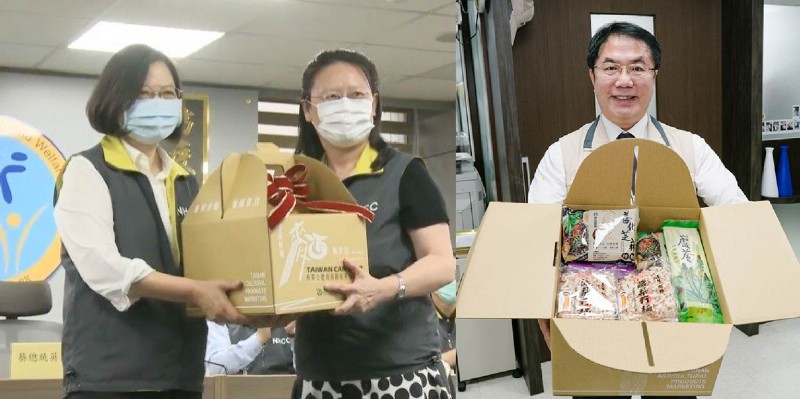 蔡英文總統（左）親臨疾管署致贈100組「台南好麵-麵麵俱到」作為「英雄麵」，向全台防疫英雄致敬。